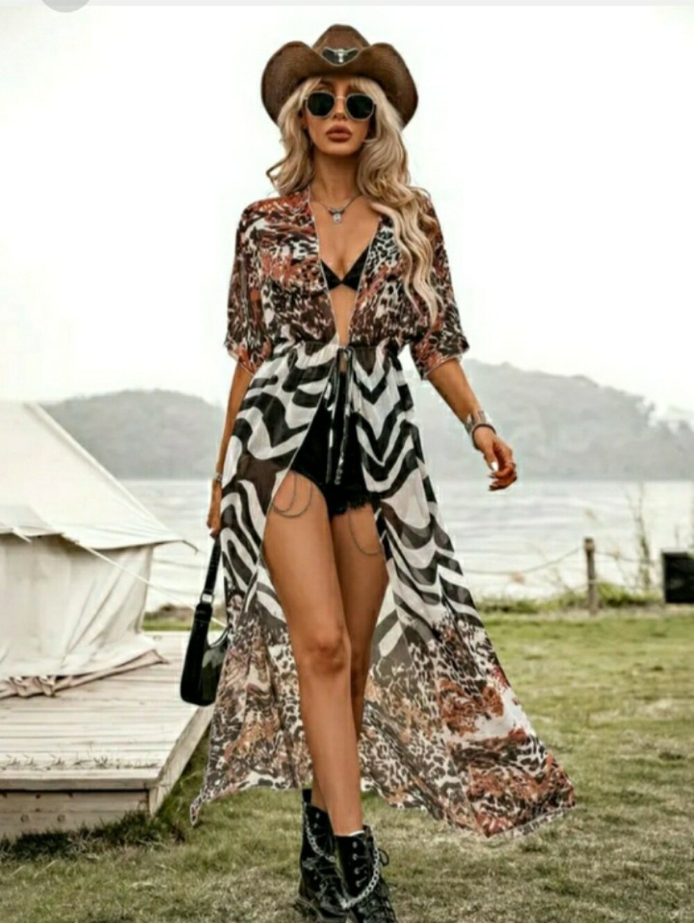Kimono Leopard Swimsuit Cover Up Duster Zebra Wrap Top Tunic M 🤎 NEW - Picture 8 of 11